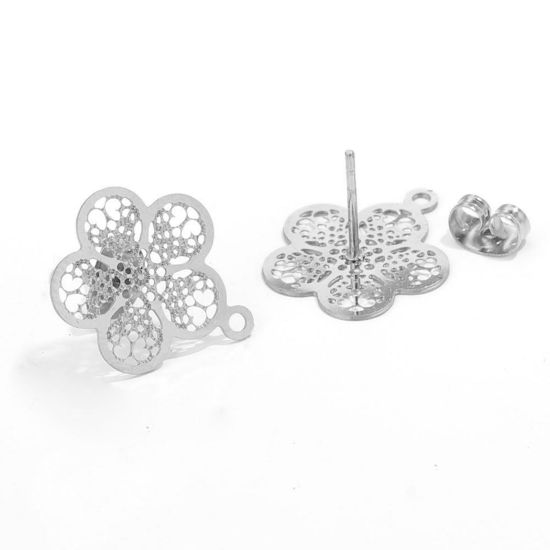 Picture of 2 PCs Vacuum Plating 304 Stainless Steel Boho Chic Bohemia Ear Post Stud Earrings Flower Silver Tone Filigree With Loop 18mm Dia., Post/ Wire Size: (21 gauge)