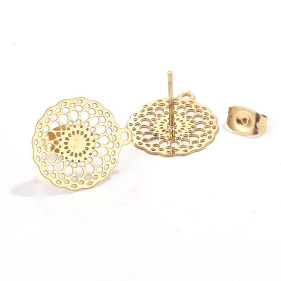 Picture of 2 PCs Vacuum Plating 304 Stainless Steel Boho Chic Bohemia Ear Post Stud Earrings Round 18K Gold Plated Filigree With Loop 16mm Dia., Post/ Wire Size: (21 gauge)