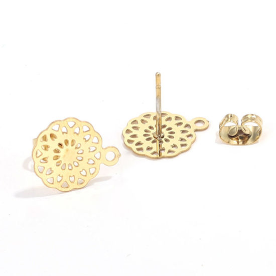 Picture of 2 PCs Vacuum Plating 304 Stainless Steel Boho Chic Bohemia Ear Post Stud Earrings Flower 18K Gold Plated Filigree With Loop 13mm Dia., Post/ Wire Size: (21 gauge)