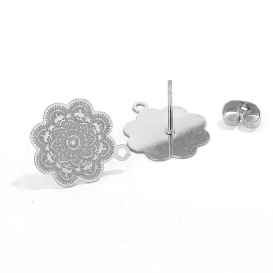 Picture of 2 PCs Vacuum Plating 304 Stainless Steel Boho Chic Bohemia Ear Post Stud Earrings Flower Silver Tone Filigree With Loop 17.5mm Dia., Post/ Wire Size: (21 gauge)