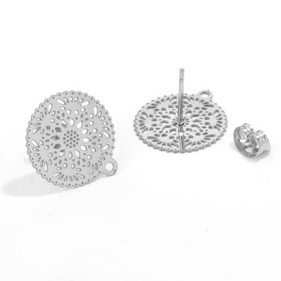 Picture of 2 PCs Vacuum Plating 304 Stainless Steel Boho Chic Bohemia Ear Post Stud Earrings Round Silver Tone Filigree With Loop 15mm Dia., Post/ Wire Size: (21 gauge)
