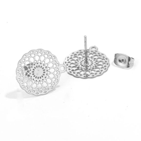 Picture of 2 PCs Vacuum Plating 304 Stainless Steel Boho Chic Bohemia Ear Post Stud Earrings Round Silver Tone Filigree With Loop 16mm Dia., Post/ Wire Size: (21 gauge)