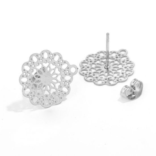Picture of 2 PCs Vacuum Plating 304 Stainless Steel Boho Chic Bohemia Ear Post Stud Earrings Round Silver Tone Filigree With Loop 17mm Dia., Post/ Wire Size: (21 gauge)