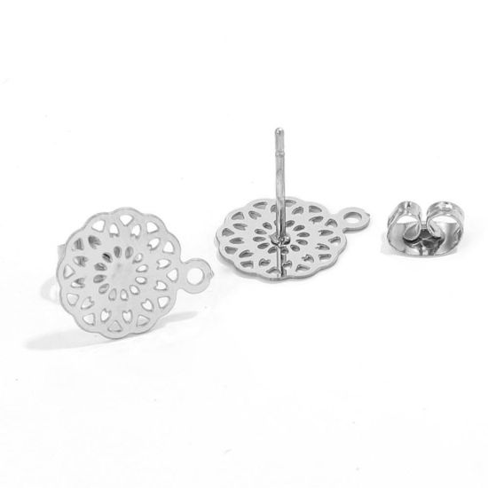 Picture of 2 PCs Vacuum Plating 304 Stainless Steel Boho Chic Bohemia Ear Post Stud Earrings Round Silver Tone Filigree With Loop 13mm Dia., Post/ Wire Size: (21 gauge)