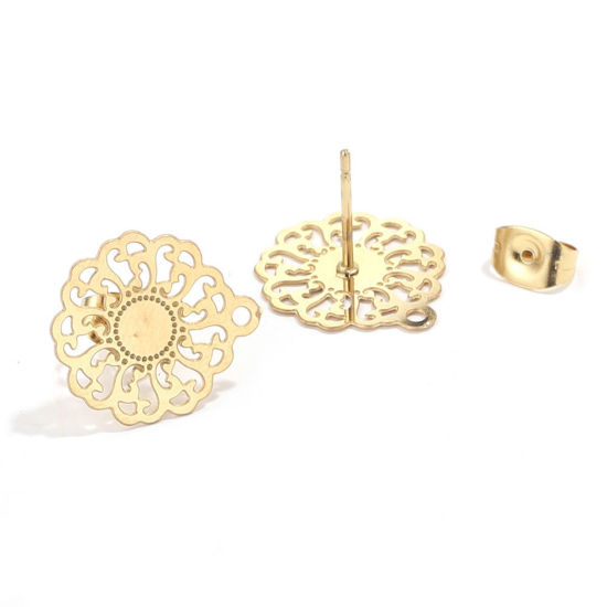Picture of 2 PCs Vacuum Plating 304 Stainless Steel Boho Chic Bohemia Ear Post Stud Earrings Flower 18K Gold Plated Filigree With Loop 16mm Dia., Post/ Wire Size: (21 gauge)