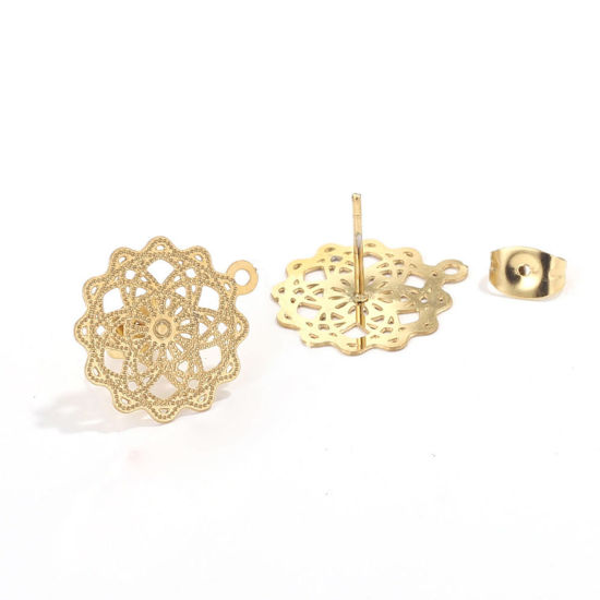 Picture of 2 PCs Vacuum Plating 304 Stainless Steel Boho Chic Bohemia Ear Post Stud Earrings Flower 18K Gold Plated Filigree With Loop 17mm Dia., Post/ Wire Size: (21 gauge)