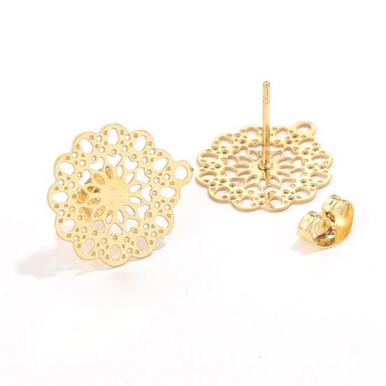 Picture of 2 PCs Vacuum Plating 304 Stainless Steel Boho Chic Bohemia Ear Post Stud Earrings Flower 18K Gold Plated Filigree With Loop 17mm Dia., Post/ Wire Size: (21 gauge)