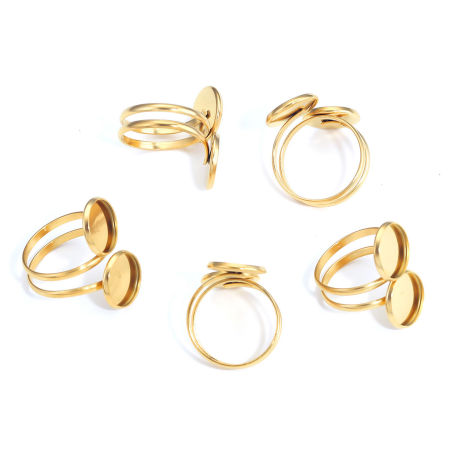 Image de Bagues Ouvert Ajoustable en 304 Acier Inoxydable Plaqué Or 18K Rond Cabochon Rapportable (Convenable à 12mm Dia) 18mm (Taille d'US 7.75), 1 Pièce