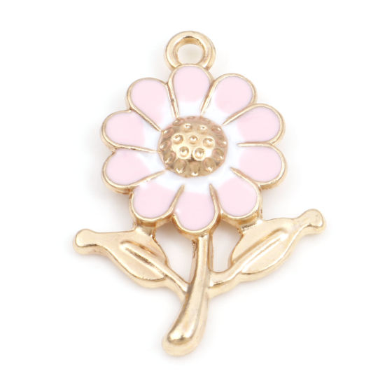 Image de Breloques en Alliage de Zinc Tournesol Doré Rose Émail 27mm x 19mm, 10 Pcs