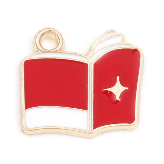 Picture of Zinc Based Alloy College Jewelry Charms Gold Plated Red Book Star Enamel 17mm x 16mm, 10 PCs