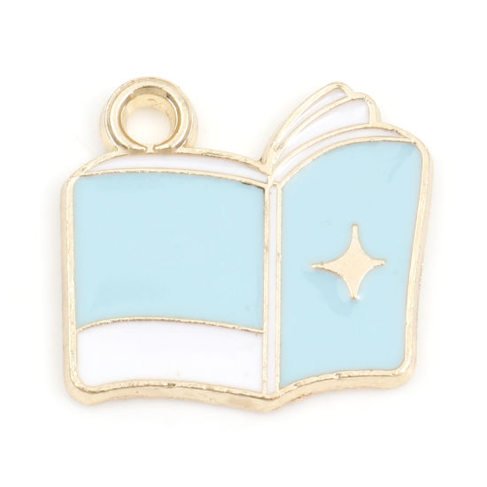 Picture of Zinc Based Alloy College Jewelry Charms Gold Plated Blue Book Star Enamel 17mm x 16mm, 10 PCs