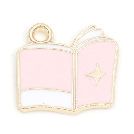 Picture of Zinc Based Alloy College Jewelry Charms Gold Plated Light Pink Book Star Enamel 17mm x 16mm, 10 PCs
