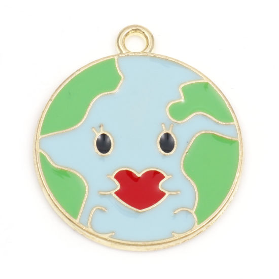 Immagine di Lega di Zinco Charms Pianeta Terra Oro Placcato Blu & Verde Cuore Smalto 24.5mm x 21.5mm , 5 Pz