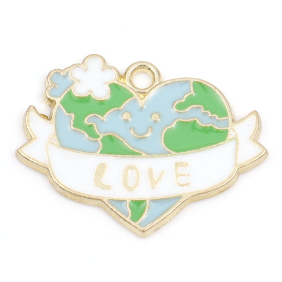 Immagine di Lega di Zinco Charms Pianeta Terra Oro Placcato Blu & Verde Lettere " LOVE " Smalto 26mm x 20mm , 5 Pz