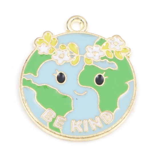 Immagine di Lega di Zinco Charms Pianeta Terra Oro Placcato Blu & Verde Lettere " BE KIND " Smalto 24mm x 21mm , 5 Pz
