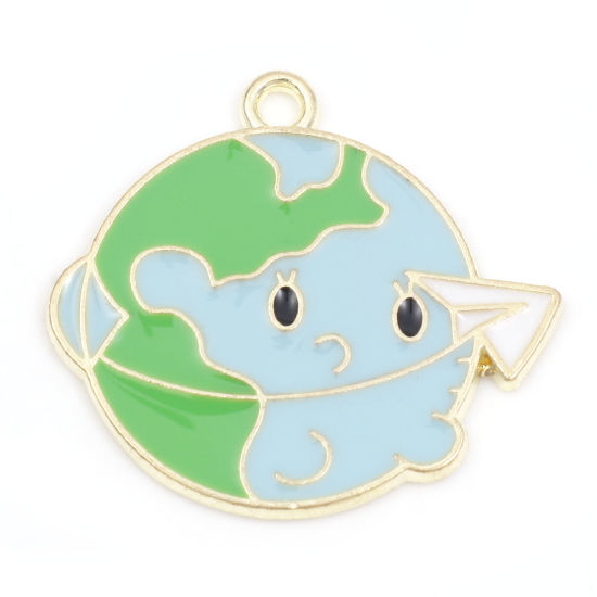 Immagine di Lega di Zinco Charms Pianeta Terra Oro Placcato Blu & Verde Aereo Origami Smalto 26mm x 24mm , 5 Pz