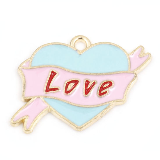 Bild von Zinklegierung Valentinstag Charms Herz Vergoldet Blau Flor Message " LOVE " Emaille 25mm x 19mm, 10 Stück