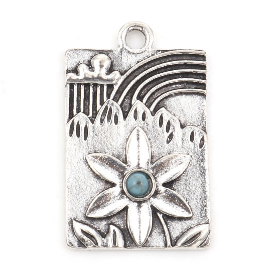 Bild von Zinklegierung Böhmischer Stil Anhänger Rechteck Antiksilber Cyan Blumen Mit Harz Imitat Howlith Cabochons 3cm x 1.9cm, 5 Stück