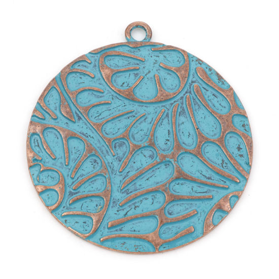 Imagen de Zamak Patina Colgantes Ronda Tono Bronce Azul Flor 5.4cm x 4.9cm, 2 Unidades