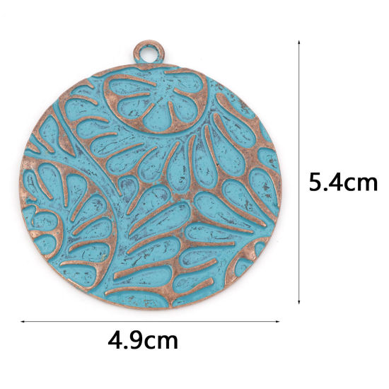 Imagen de Zamak Patina Colgantes Ronda Tono Bronce Azul Flor 5.4cm x 4.9cm, 2 Unidades