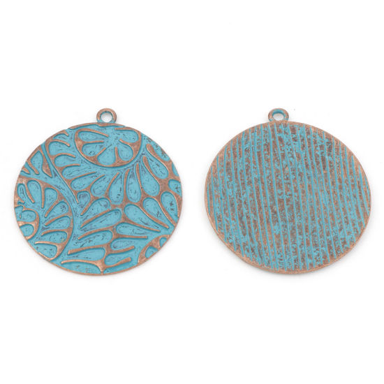 Imagen de Zamak Patina Colgantes Ronda Tono Bronce Azul Flor 5.4cm x 4.9cm, 2 Unidades