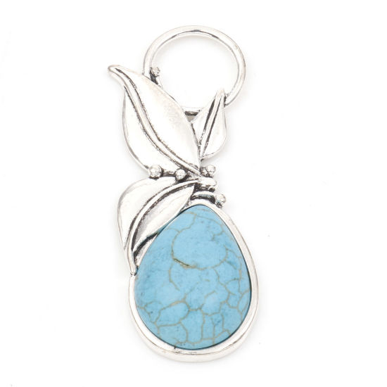 Immagine di Lega di Zinco Stile Bohemien Ciondoli Goccia Argento Antico Verde Blu Farfalla Con Resina Cabochon Imitazione Turchese 5.8cm x 2.2cm , 2 Pz