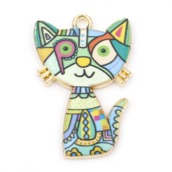 Picture of Zinc Based Alloy Pendants Gold Plated Green Cat Animal Enamel 3cm x 2cm, 10 PCs