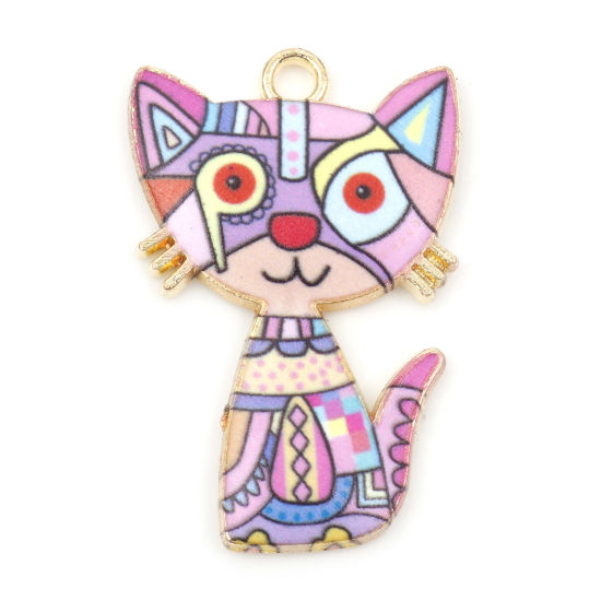 Picture of Zinc Based Alloy Pendants Gold Plated Pink Cat Animal Enamel 3cm x 2cm, 10 PCs