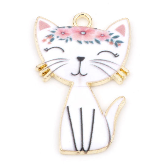 Picture of Zinc Based Alloy Pendants Gold Plated White Cat Animal Enamel 3cm x 2cm, 10 PCs