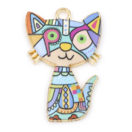 Picture of Zinc Based Alloy Pendants Gold Plated Blue Cat Animal Enamel 3cm x 2cm, 10 PCs