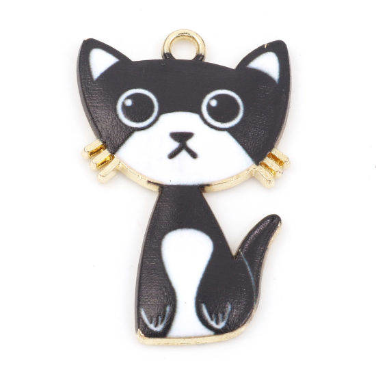 Picture of Zinc Based Alloy Pendants Gold Plated Black & White Cat Animal Enamel 3cm x 2cm, 10 PCs