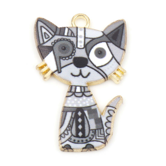 Picture of Zinc Based Alloy Pendants Gold Plated Gray Cat Animal Enamel 3cm x 2cm, 10 PCs