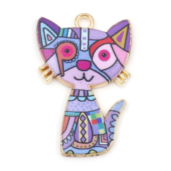 Picture of Zinc Based Alloy Pendants Gold Plated Purple Cat Animal Enamel 3cm x 2cm, 10 PCs