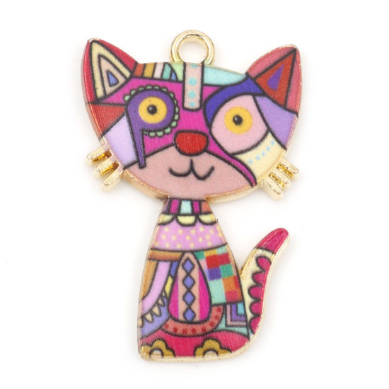 Picture of Zinc Based Alloy Pendants Gold Plated Red Cat Animal Enamel 3cm x 2cm, 10 PCs