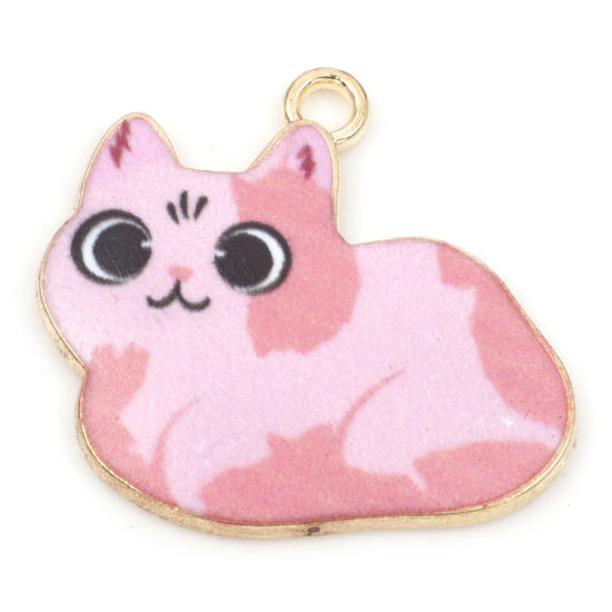 Picture of Zinc Based Alloy Charms Gold Plated Pink Cat Animal Enamel 23mm x 22mm, 10 PCs