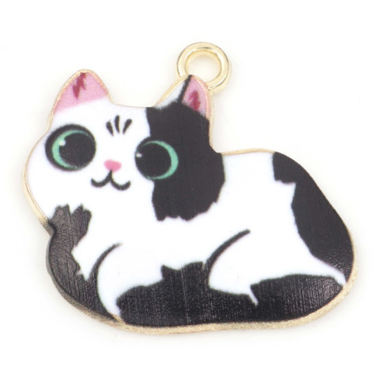 Picture of Zinc Based Alloy Charms Gold Plated Black & White Cat Animal Enamel 23mm x 22mm, 10 PCs