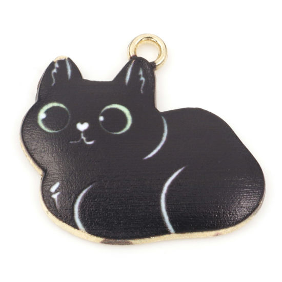 Picture of Zinc Based Alloy Charms Gold Plated Black Cat Animal Enamel 23mm x 22mm, 10 PCs