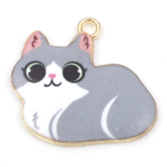 Picture of Zinc Based Alloy Charms Gold Plated Gray Cat Animal Enamel 23mm x 22mm, 10 PCs