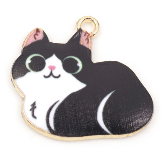 Picture of Zinc Based Alloy Charms Gold Plated Black & White Cat Animal Enamel 23mm x 22mm, 10 PCs