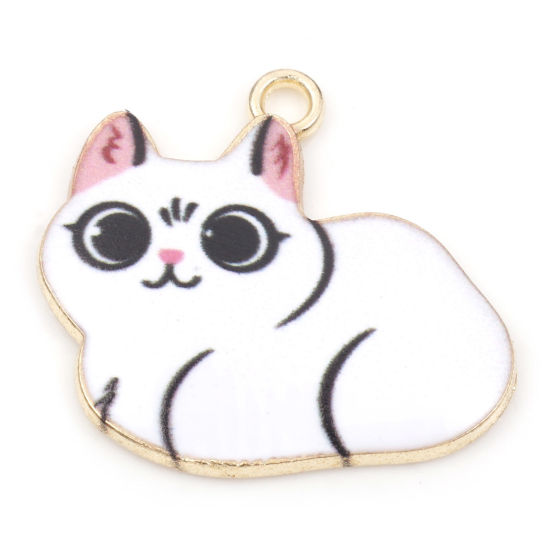 Picture of Zinc Based Alloy Charms Gold Plated White Cat Animal Enamel 23mm x 22mm, 10 PCs