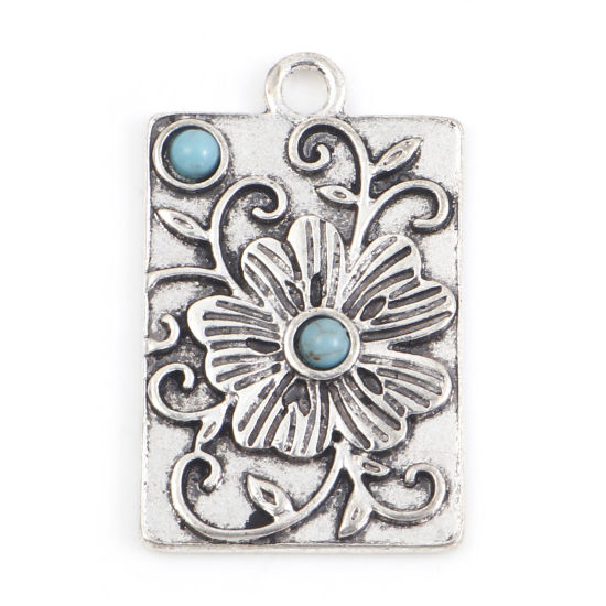 Bild von Zinklegierung Böhmischer Stil Anhänger Rechteck Antiksilber Cyan Blumen Mit Harz Imitat Howlith Cabochons 3cm x 1.9cm, 5 Stück