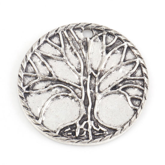 Picture of Zinc Based Alloy Pendants Antique Silver Color Round Tree of Life 3cm Dia., 5 PCs