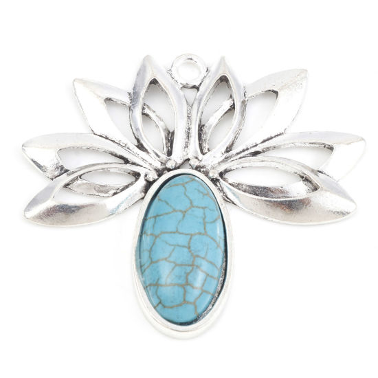 Immagine di Lega di Zinco Stile Bohemien Ciondoli Le foglie del Fiore Argento Antico Verde Blu Con Resina Cabochon Imitazione Turchese 5.3cm x 4.8cm , 2 Pz