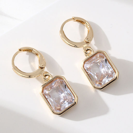 Picture of Brass Simple Earrings Gold Plated Square Clear Cubic Zirconia 2.9cm x 1.2cm, 1 Pair                                                                                                                                                                           
