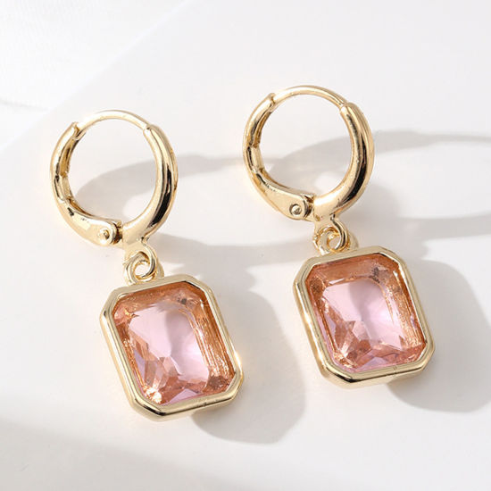 Picture of Brass Simple Earrings Gold Plated Square Pink Cubic Zirconia 2.9cm x 1.2cm, 1 Pair                                                                                                                                                                            