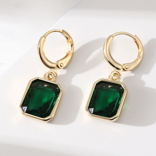 Picture of Brass Simple Earrings Gold Plated Square Emerald Cubic Zirconia 2.9cm x 1.2cm, 1 Pair                                                                                                                                                                         