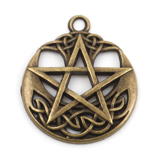 Bild von Zinklegierung Religiös Anhänger Pentagramm Stern Bronzefarbe Keltisch Knoten Hohl 3.5cm x 3cm, 5 Stück