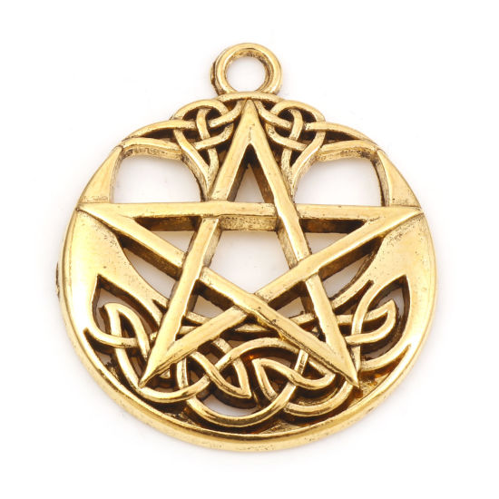 Picture of Zinc Based Alloy Religious Pendants Gold Tone Antique Gold Pentagram Star Celtic Knot Hollow 3.5cm x 3cm, 5 PCs