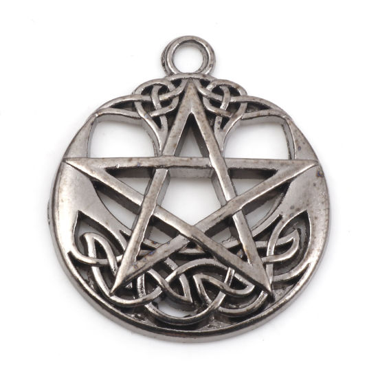 Bild von Zinklegierung Religiös Anhänger Pentagramm Stern Metallschwarz Keltisch Knoten Hohl 3.5cm x 3cm, 5 Stück