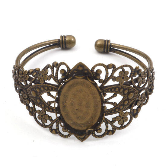 Picture of Brass Filigree Stamping Cabochon Settings Open Cuff Bangles Bracelets Findings Antique Bronze (Fits 25mmx18mm) 16.5cm(6 4/8") long, 1 Piece                                                                                                                   